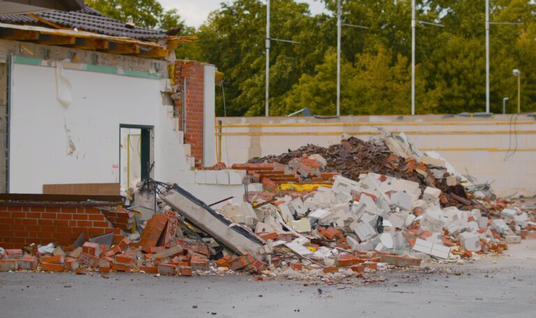 Demolished building site with debris in Essen, Germany. Ideal for urban decay concepts.